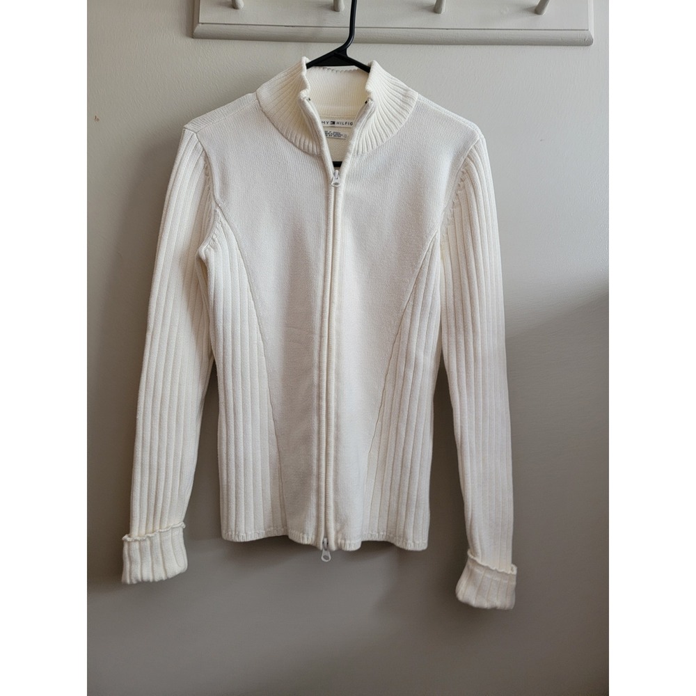 Vintage Tommy Hilfiger 90s Y2K Full Zip Cotton Ribbed Sweater Cream White Japan